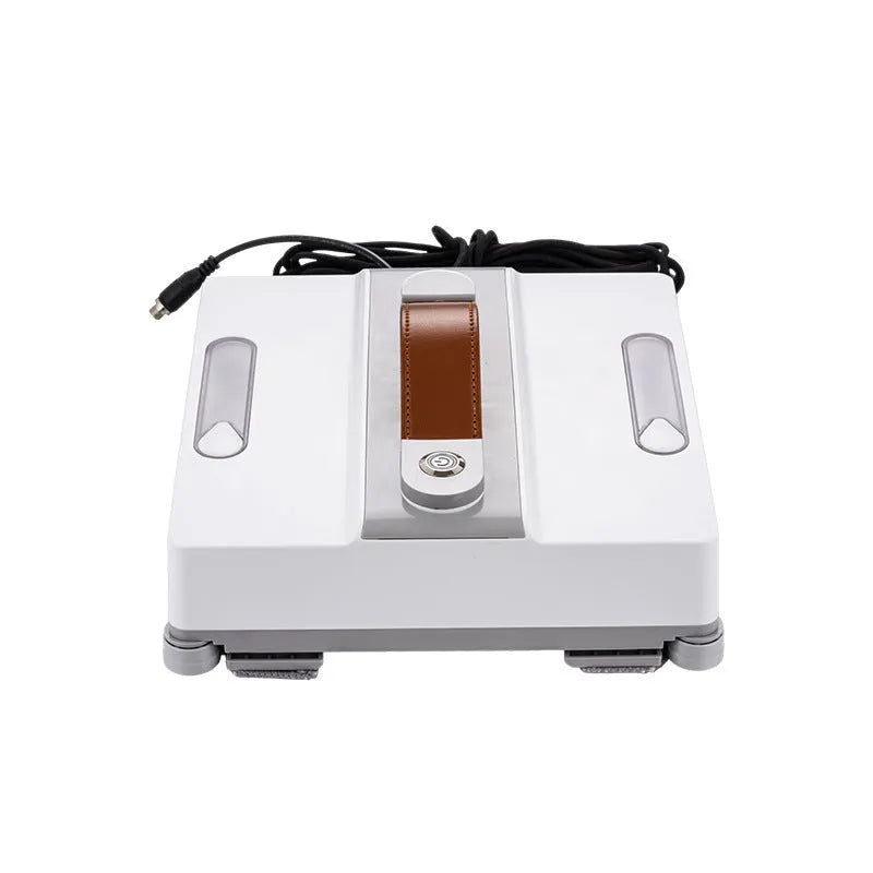 White intelligent window cleaning robot with compact design on a window pane