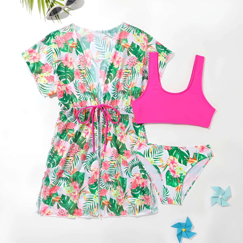 Girls' two-piece swimsuit with Korean floral patterns and briefs design in polyester fabric