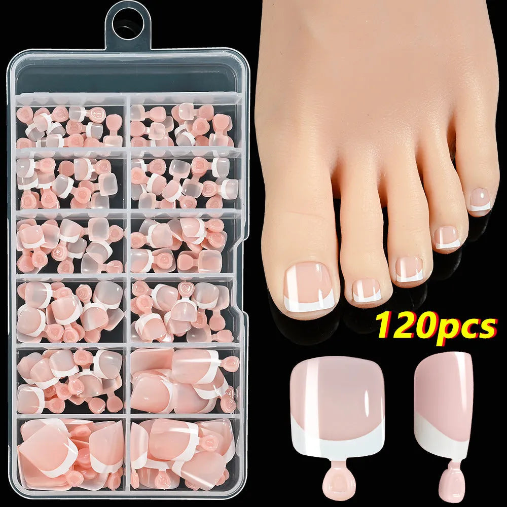 120 piece box of nude square artificial nail tips with French white edges in assorted shades