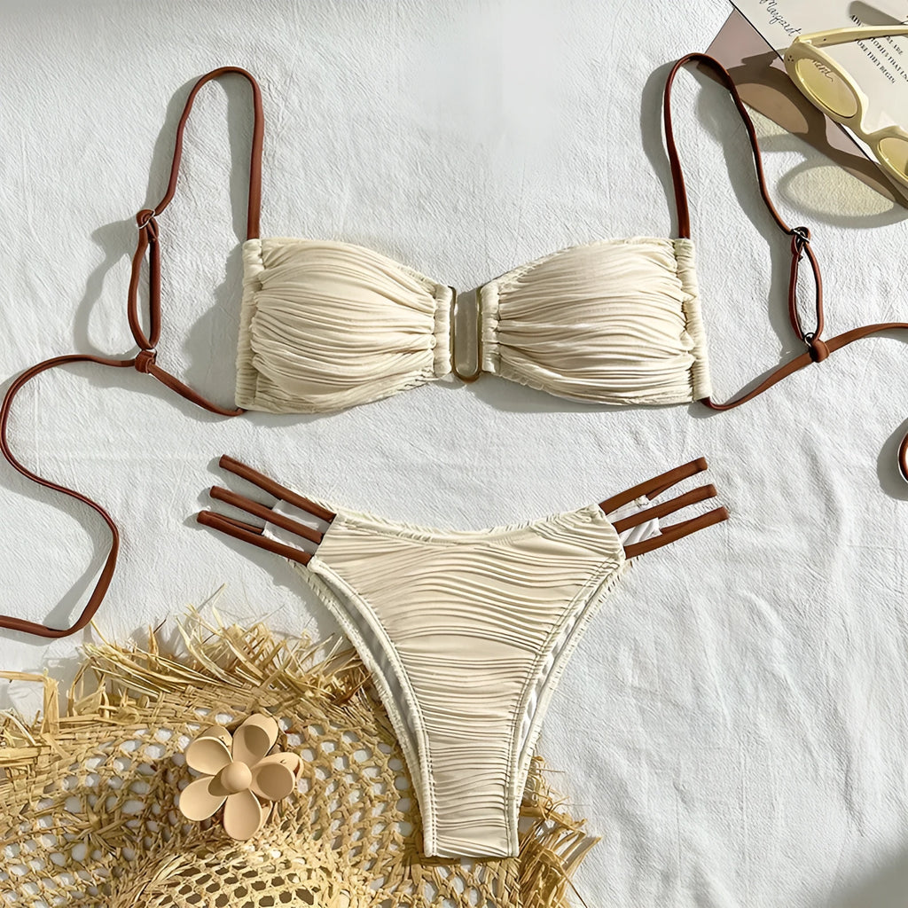 Women's fashion striped three-point polyester bikini set in khaki for beach and hot spring use