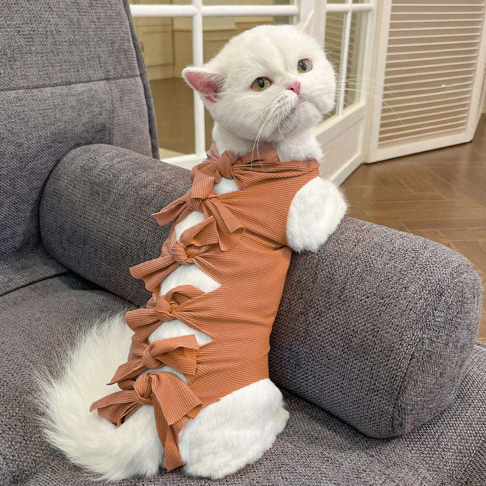Lace-up cat sterilisation recovery suit in polyester shown in multiple colours with adjustable closure