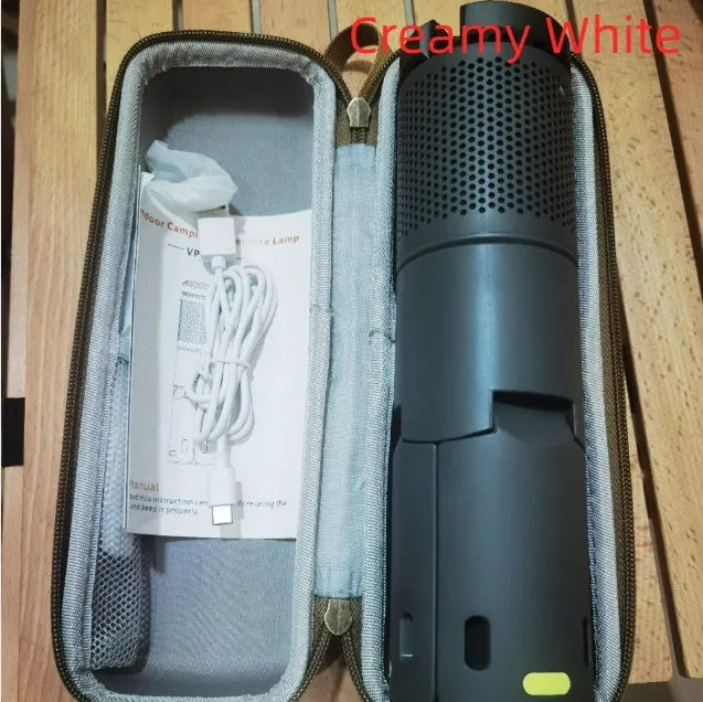 Portable LED camping lantern in off white and dark grey colour options showing button switch.