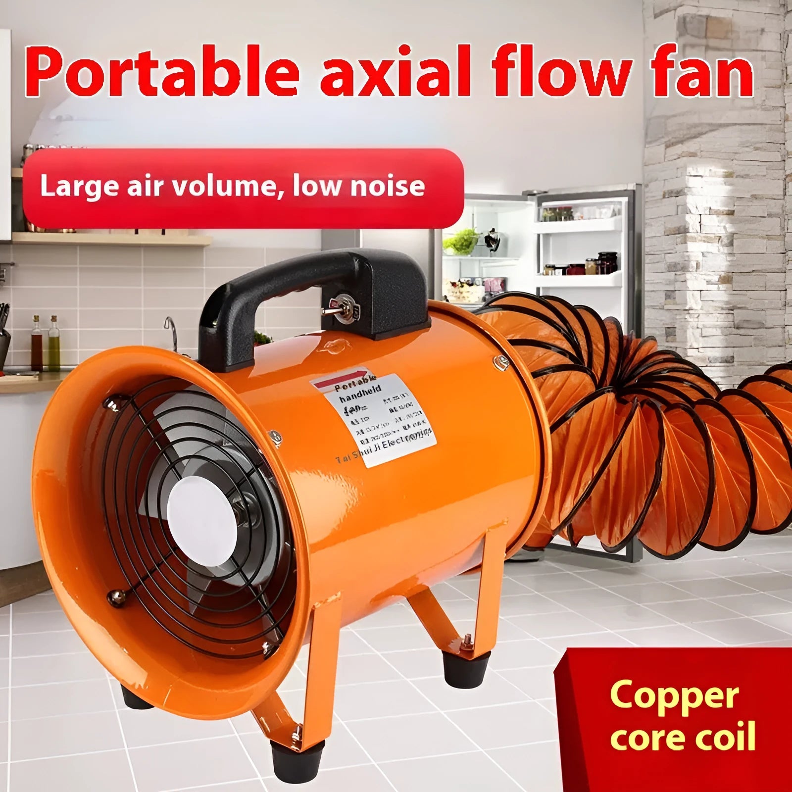 Portable 8-inch titanium steel axial flow industrial fan with a 5-metre attached air duct.