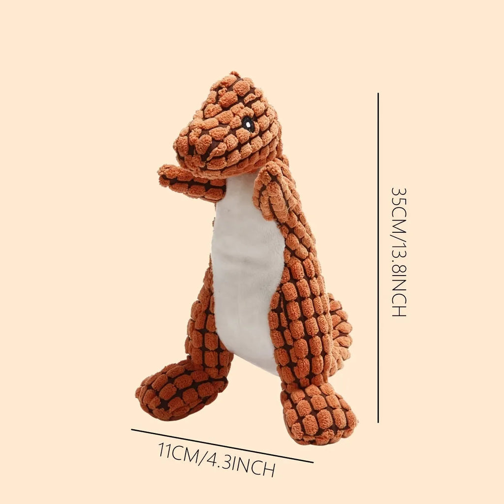 Grey, green, or orange dog chew toy with sound, shown next to a measuring tape indicating its 35cm length.