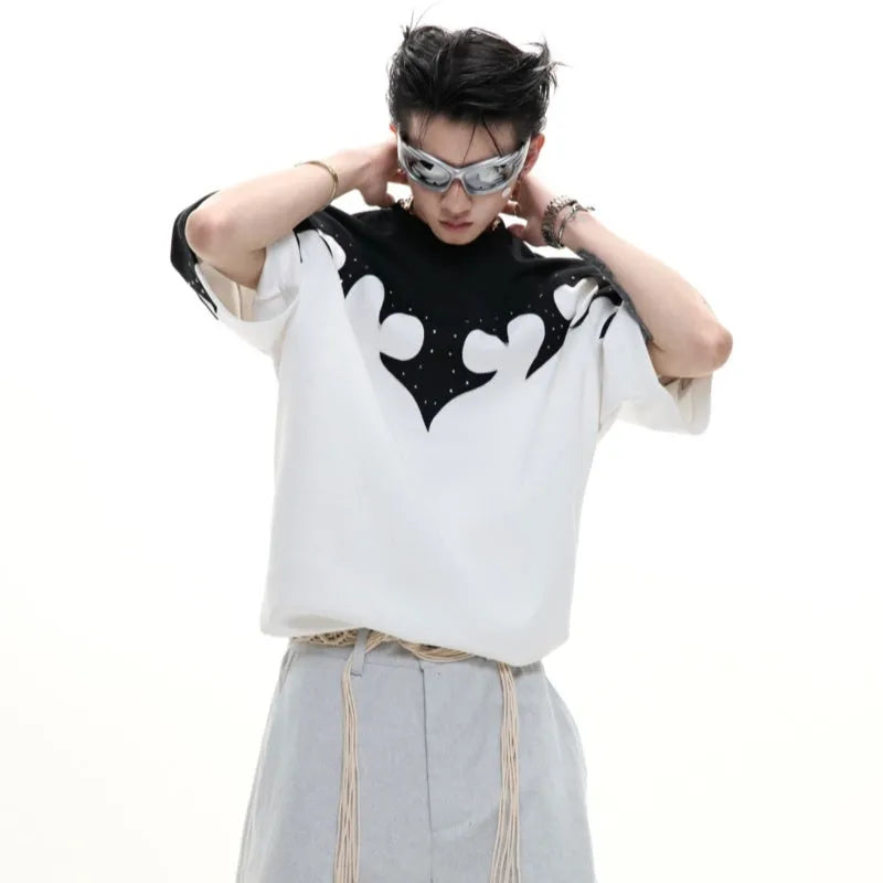 Men's grey cotton t-shirt with burnt flower stitching and rhinestone decoration on short sleeves