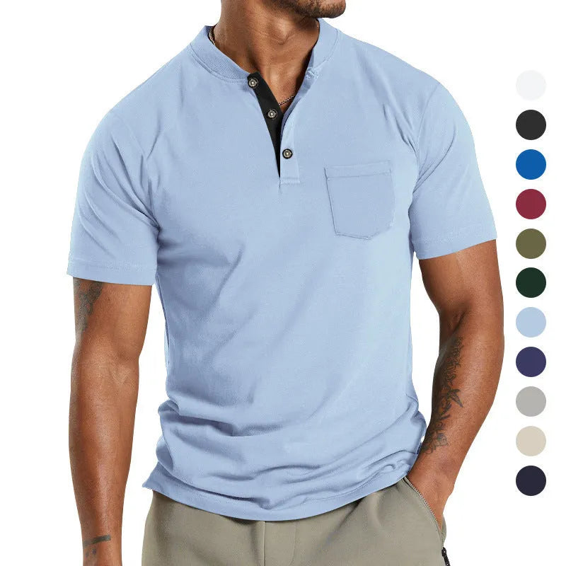 Plus size man wearing a solid colour short sleeve pullover shirt with a button chest pocket.