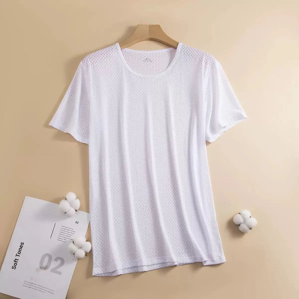 Men's solid colour ice silk short sleeve t-shirt on a hanger, showing loose crew neck and thin mesh fabric.