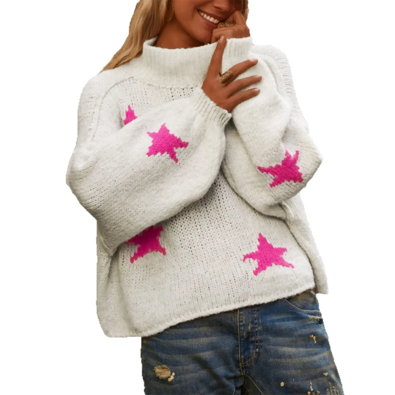 White women's loose turtleneck pullover sweater with five-pointed star pattern and contrast detailing
