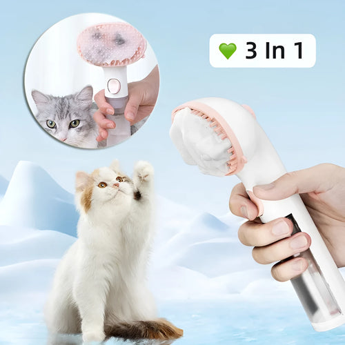 3-in-1 pet steam brush with adjustable comb, available in White Pink and White Red colours, for dog grooming