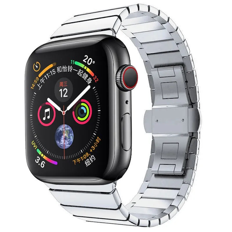 Stainless steel Apple Watch compatible metal band with butterfly buckle in five colour options.