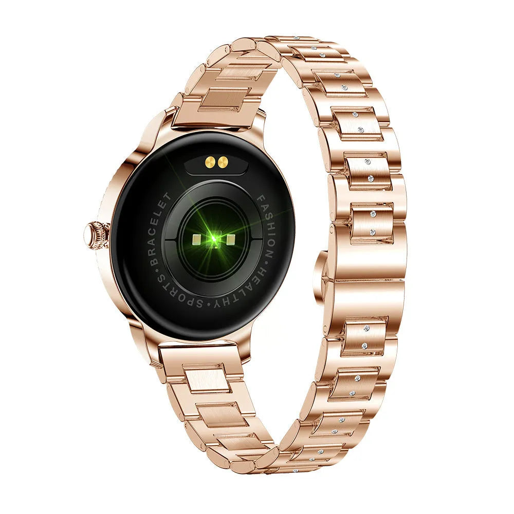 AK38 ladies smart watch with stainless steel Milanese band and 1.09-inch colour screen.