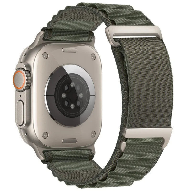 Nylon loop watch strap for Apple Watch with two-section high mountain weave in black colour, fits 38mm to 49mm sizes