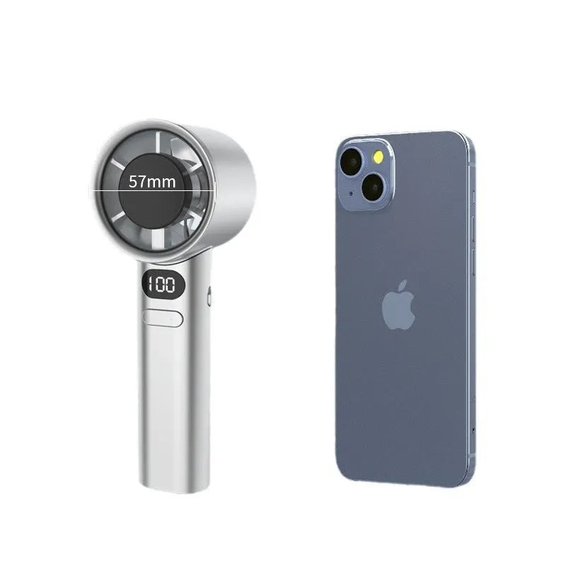 Handheld fan with variable speed control showing green colour option and USB charging port