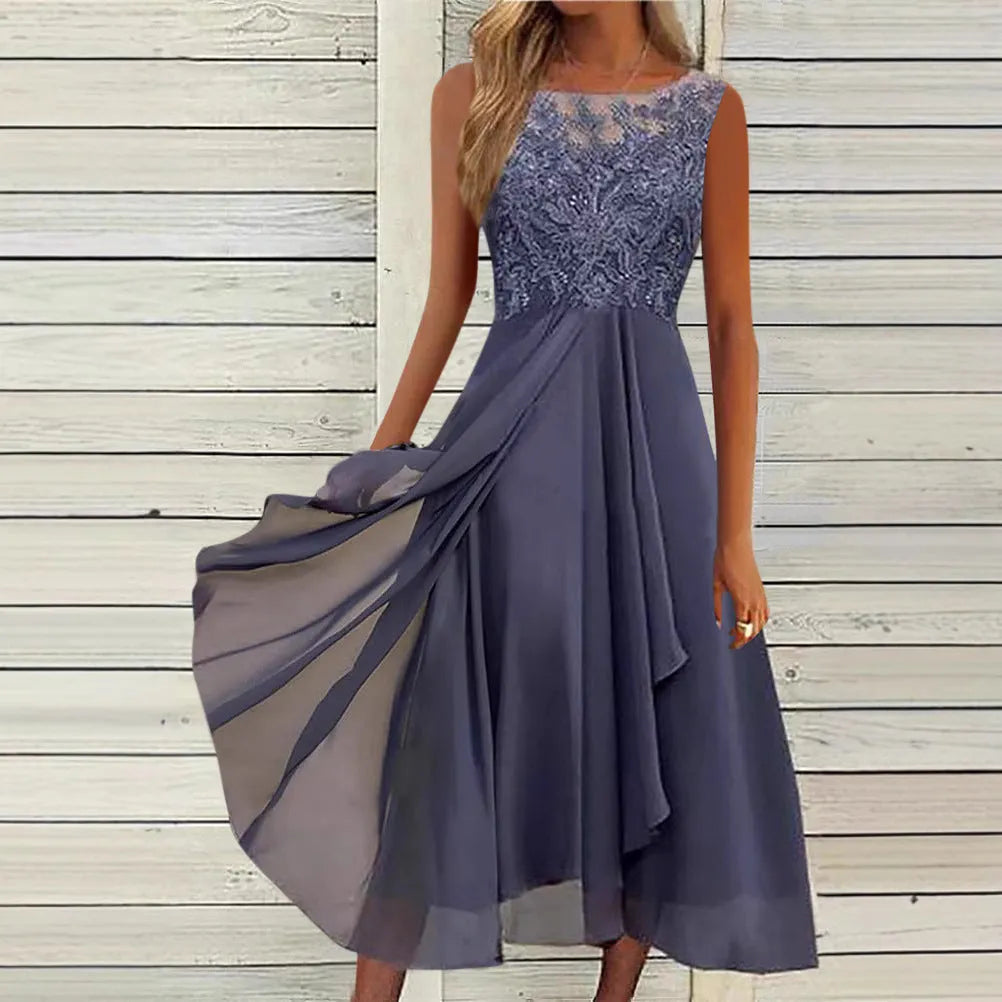 Women's sleeveless blue chiffon dress with lace stitching detail and a mid-length skirt.