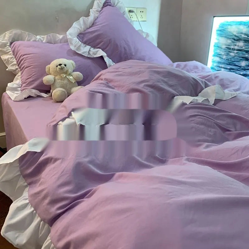 Mori style solid colour washed cotton four-piece bedding set with quilt cover, sheet, and pillowcases.