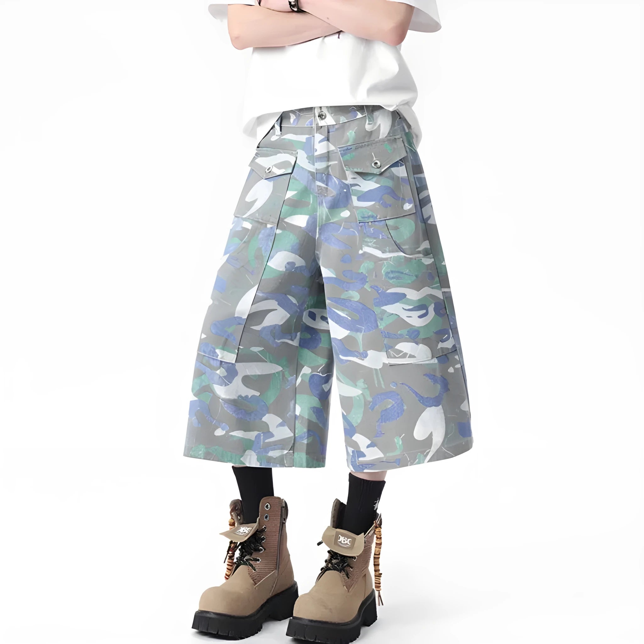 Cropped camouflage colour denim work trousers with straight leg and zipper fly on a mannequin