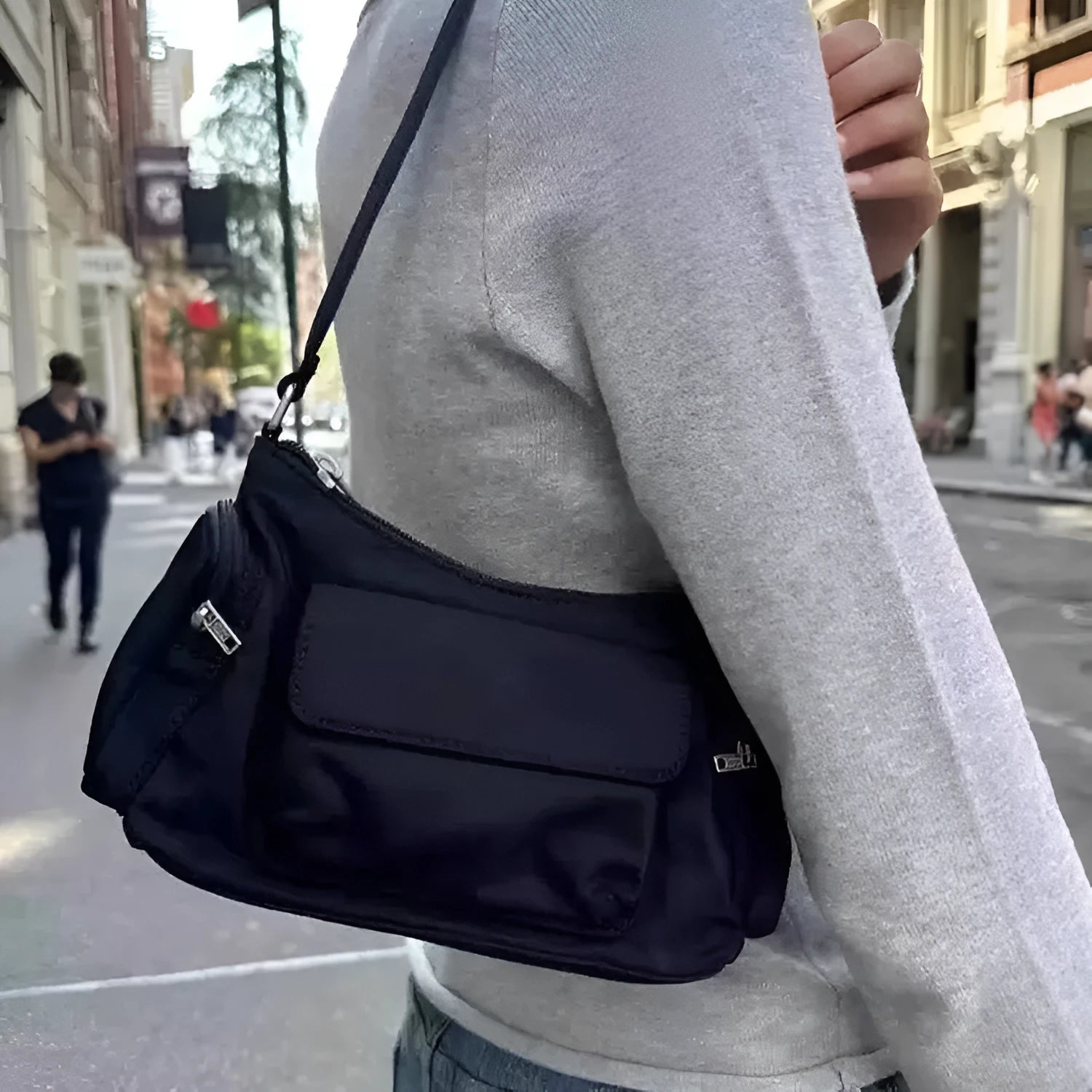 Black PU women's shoulder bag with double pockets and side line detailing