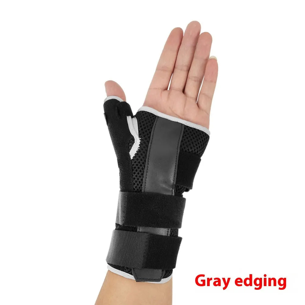 Carbon fibre sports wrist guard with thumb strap shown in black with grey edging, for left or right hand.