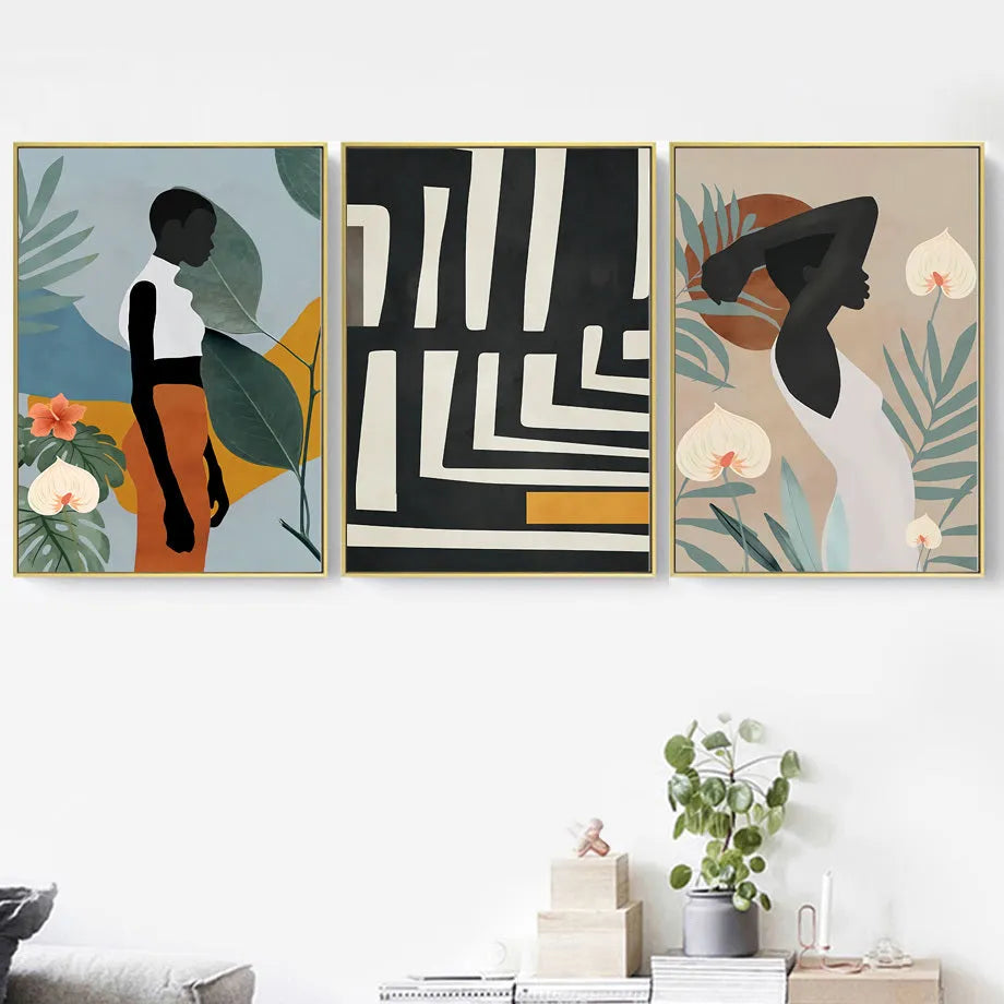 Abstract African women flower leaf mural art canvas painting spray paint on oil canvas unframed rectangular shape