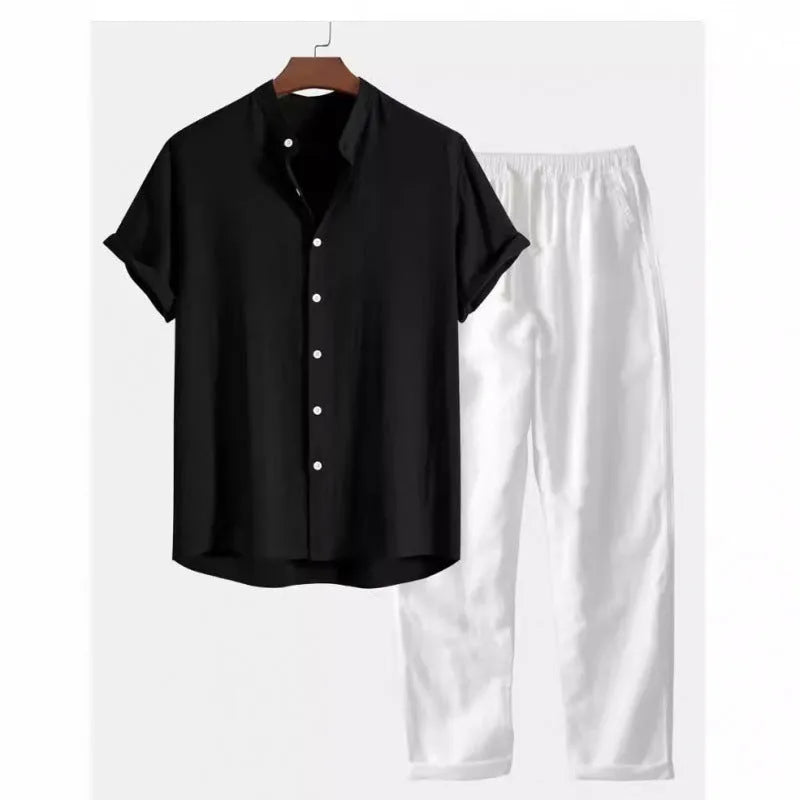 Men's casual linen-blend suit with short sleeve shirt and loose trousers in multiple colour options