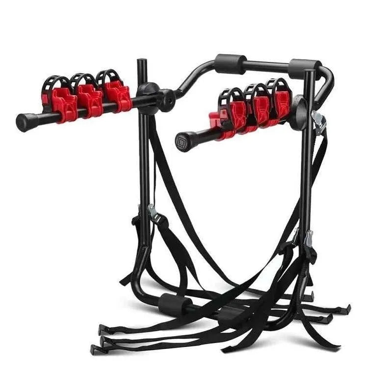 Black and red trunk mounted bike rack for cars with tie rope and pull belt fastening options.