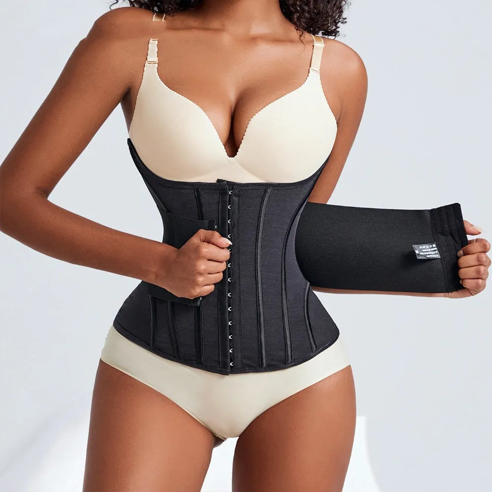 Nylon waist training belly band showing adjustable belt tie in black and apricot colour options