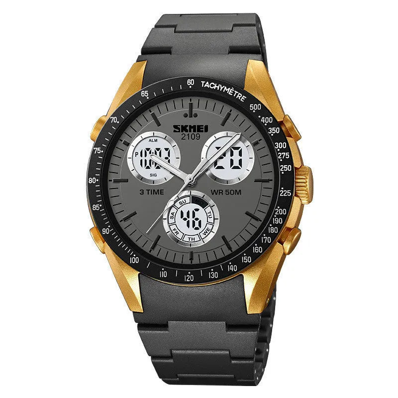 Digital casual watch with a black camouflage TPU strap and resin lens showing time on display.