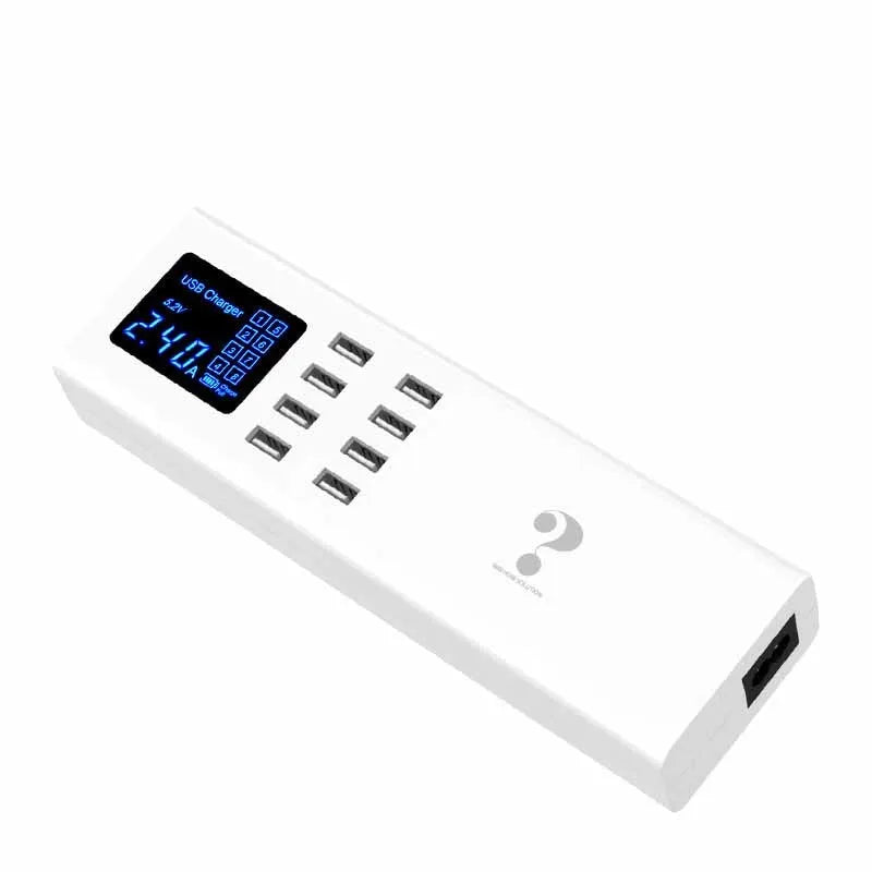 Smart multi-port USB mobile phone charger in ceramic white with 1.5-metre cable, compact 220X67X39mm size, for EU UK US outlets