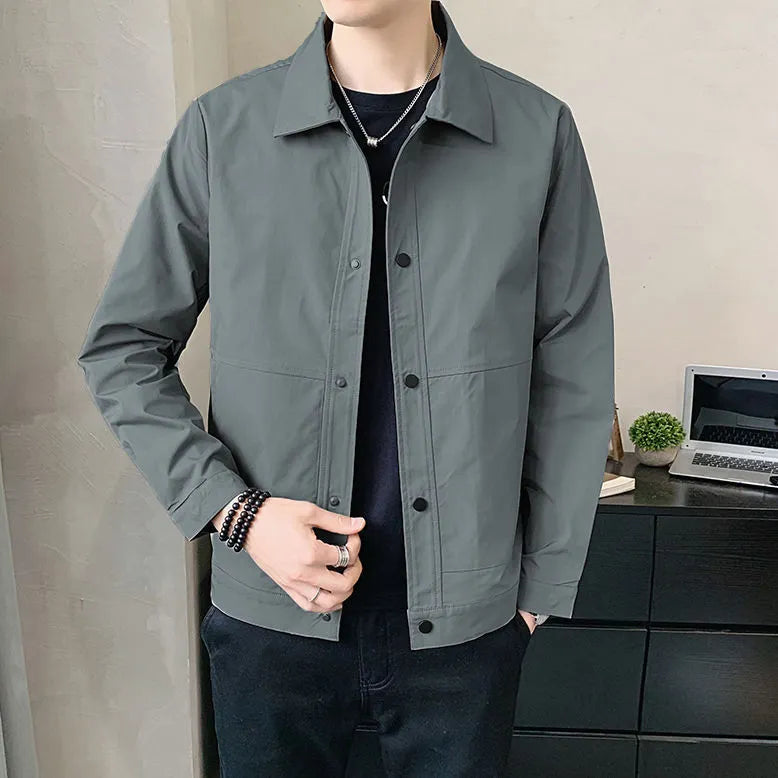 Men's thin single-layer Korean style jacket in charcoal grey on a hanger.