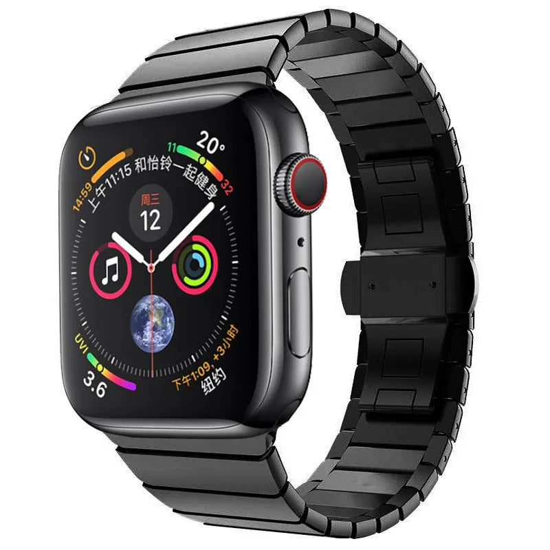 Stainless steel Apple Watch compatible metal band with butterfly buckle in five colour options.
