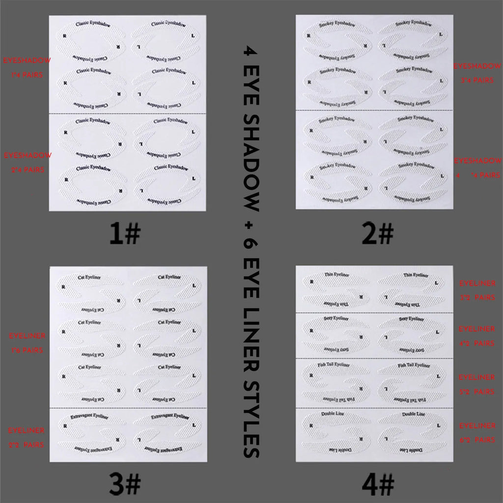 Set of four reusable flexible eyeliner sticker templates for creating winged eyeliner and eyeshadow looks.