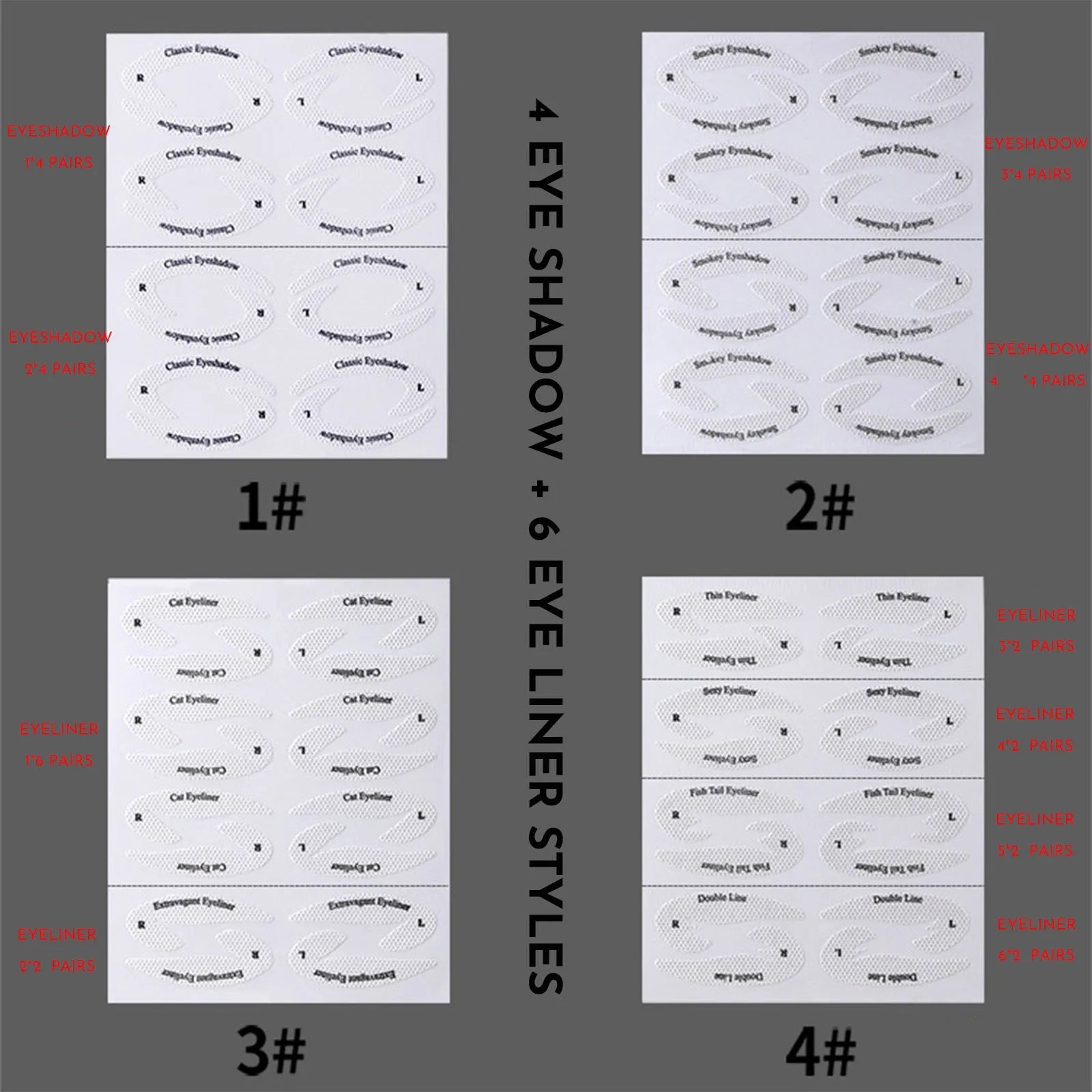 Set of four reusable flexible eyeliner sticker templates for creating winged eyeliner and eyeshadow looks.