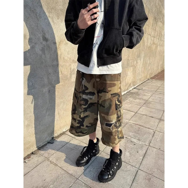 Men's camouflage cropped jeans with retro patch ripped detailing and straight-leg fit