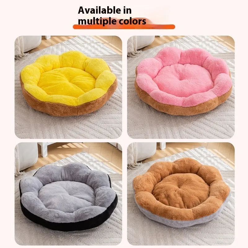 A thick brown grey rabbit plush round pet bed for cats, shown detached for washing.