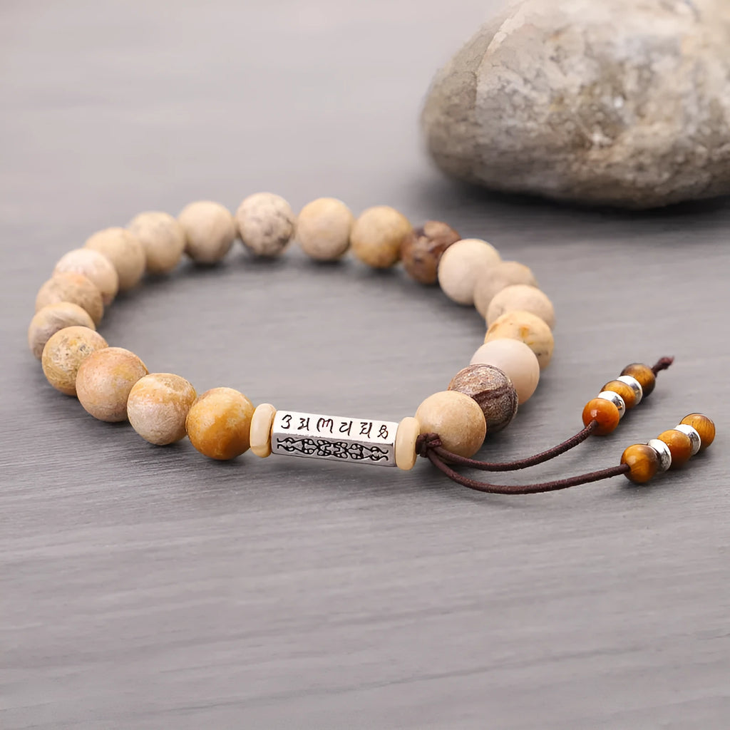 Wood colour stone bead bracelet with original design in retro simple style