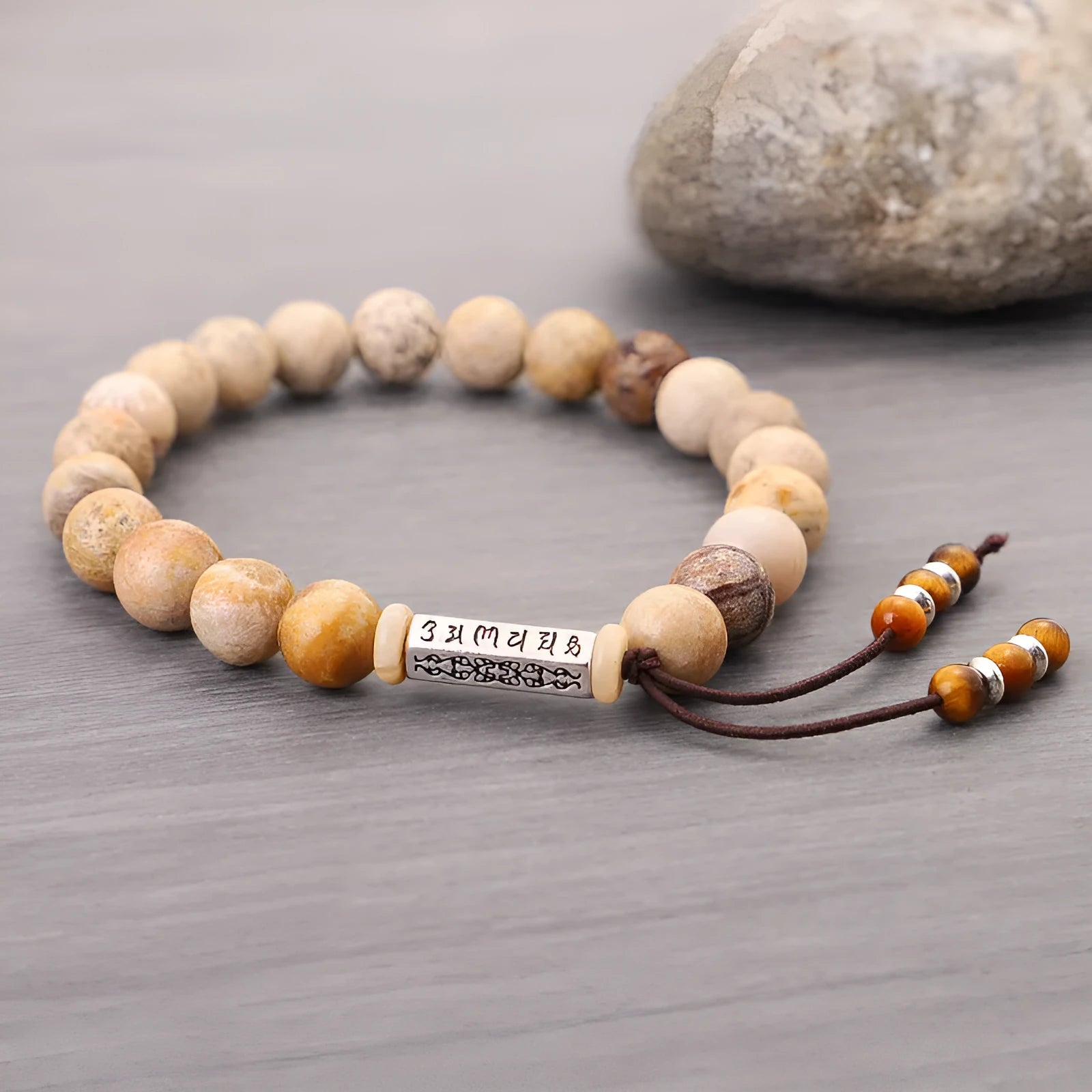 Wood colour stone bead bracelet with original design in retro simple style