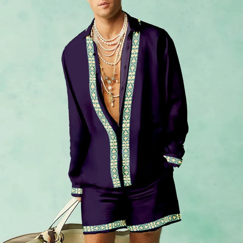 Men's slim fit polyester shirt and shorts set in colour matching pattern for summer casual wear