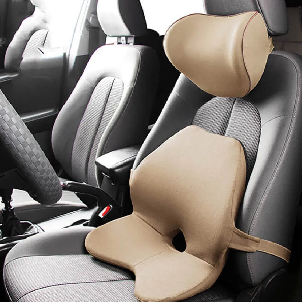 Car seat waist support cushion with memory foam, shown in beige, black, coffee, and grey colours.
