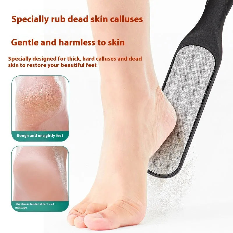 Stainless steel foot grinder with double-sided sandpaper file for pedicure and callus removal.