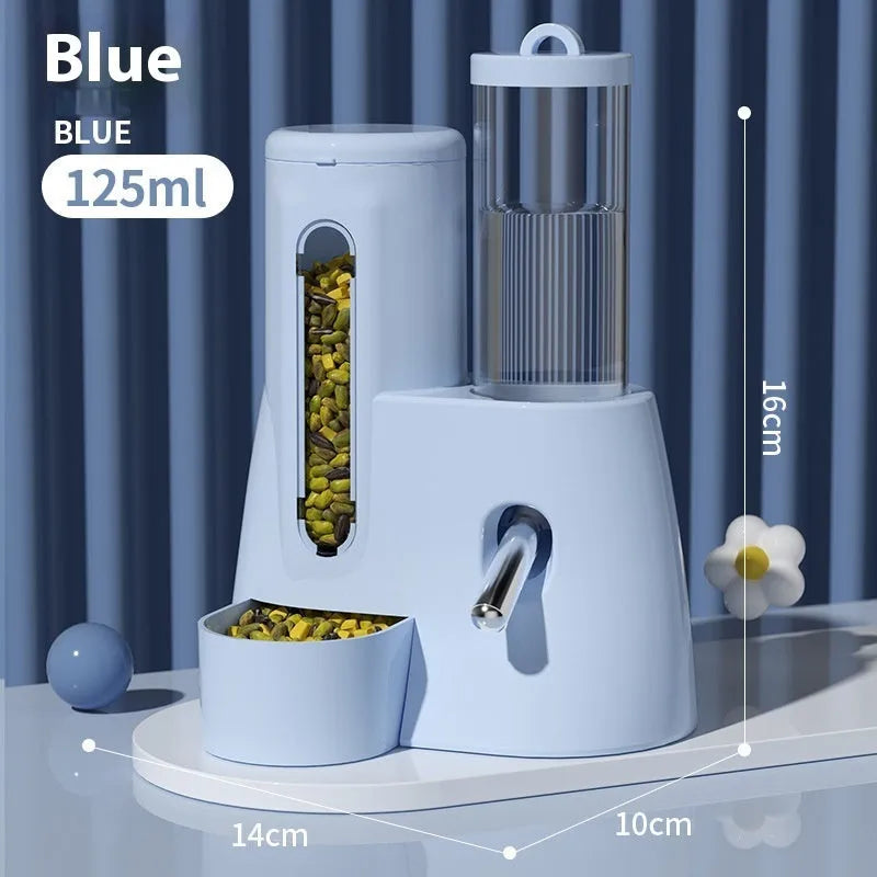 White, blue, and pink hamster automatic water feeder and food bowl in large and small sizes.