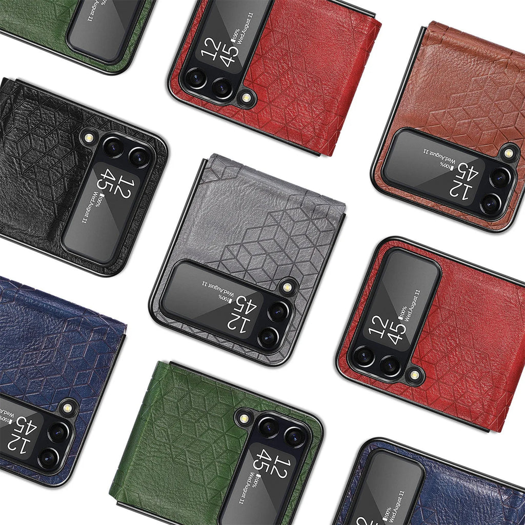 Solid colour rhombus leather pattern PU phone case for Samsung ZFLIP4 in black, showing back cover with textured surface