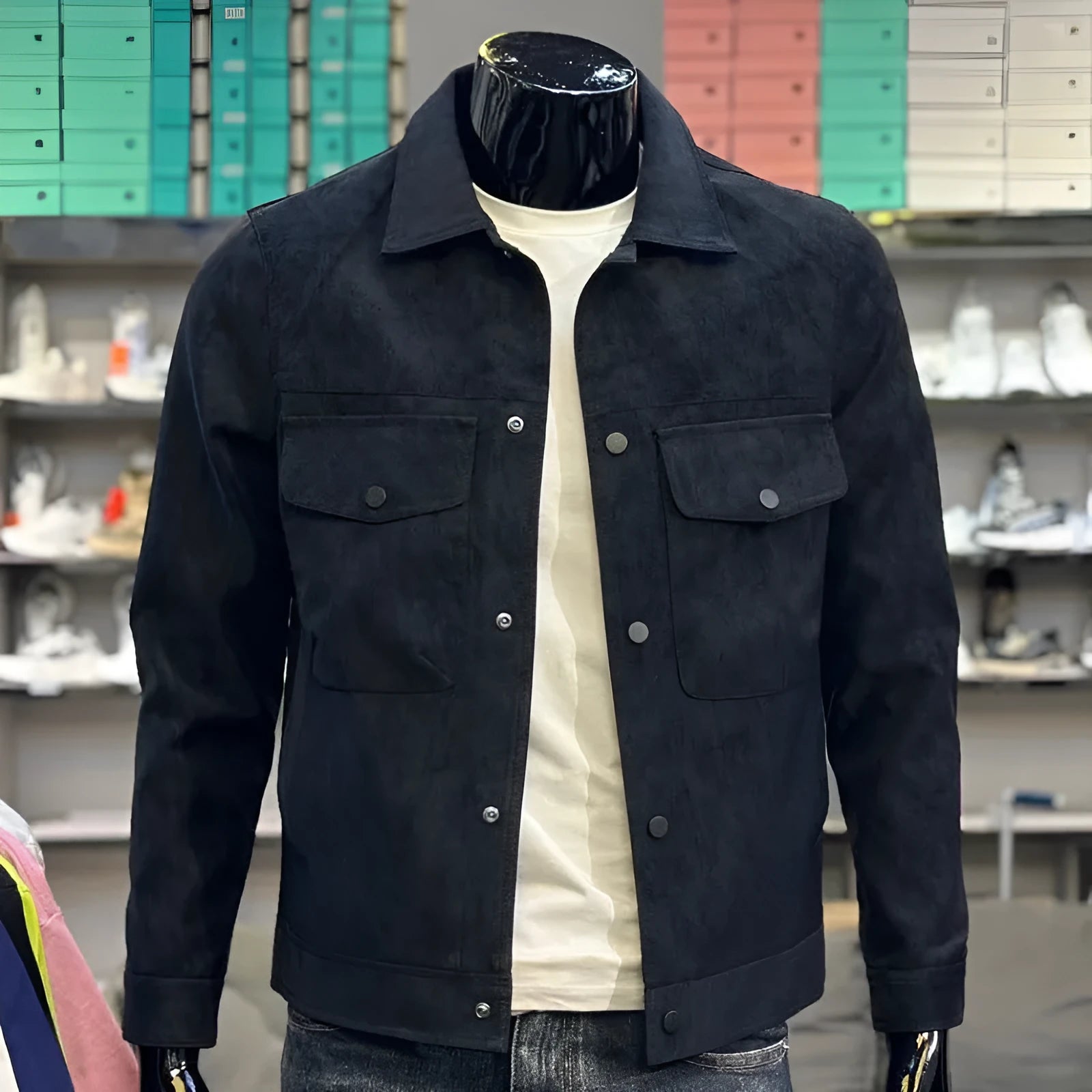 Men's black suede jacket with casual collar, single-breasted front, solid colour, printed finish