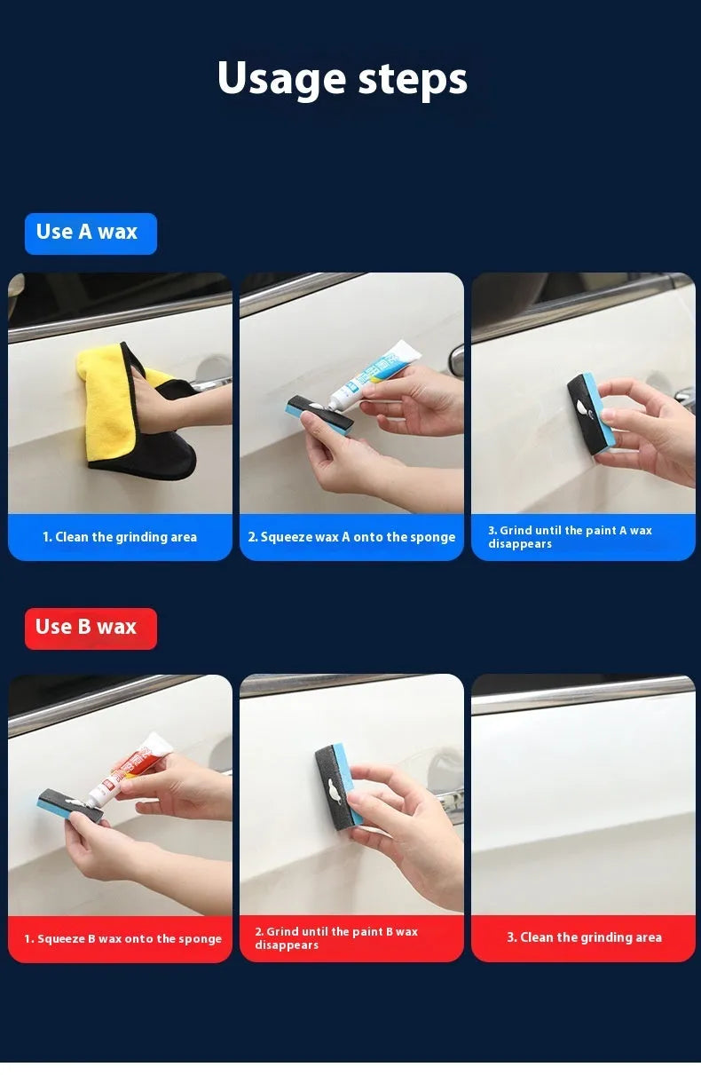 Car repair wax kit with A and B wax compounds and frosted sponge mop for paint scratch removal