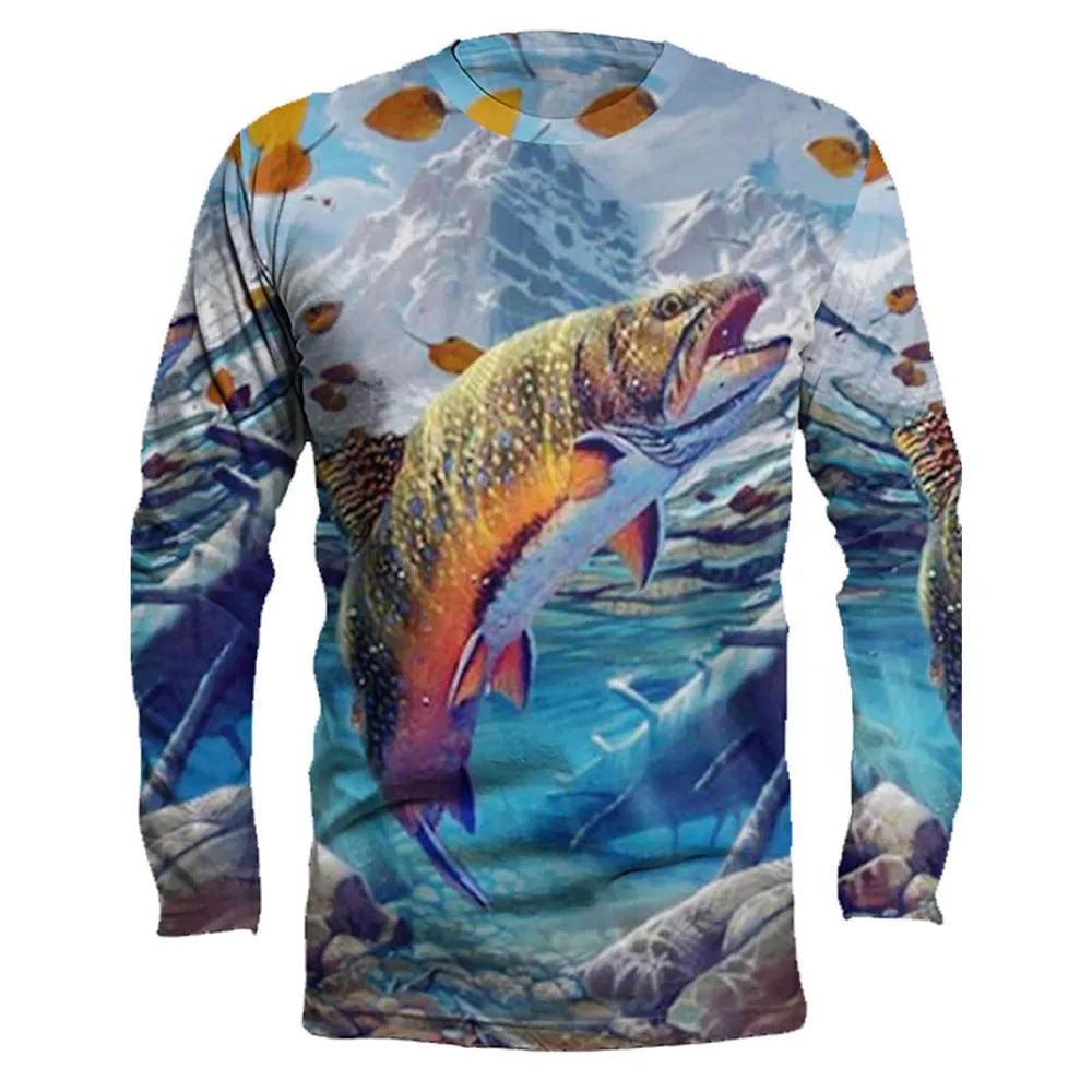 Men's grey round neck pullover top with a fish pattern print on the front.