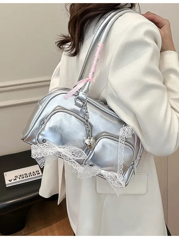 Women's large capacity PU shoulder bag in horizontal square shape with mobile phone pocket