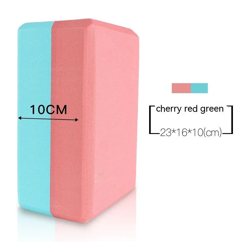 A high-density EVA yoga block in a choice of solid colours or printed designs, measuring 23cm by 15cm.