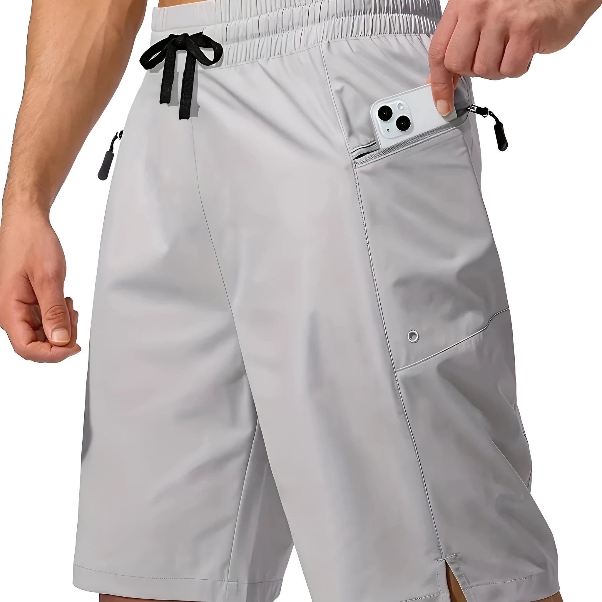 Men's solid colour quick-drying polyester beach shorts in straight-leg cut
