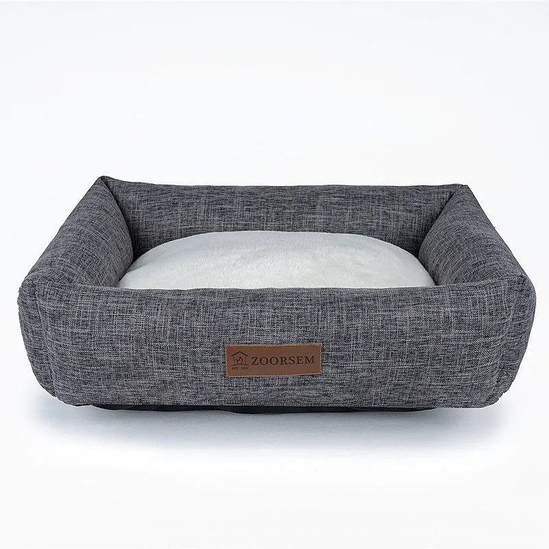 Square grey linen pet bed for dogs with dimensions 50x40cm to 80x60cm options