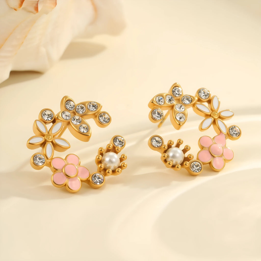 Flower stud earrings with colourful oil diamond finish on petal design, 18K stainless steel construction