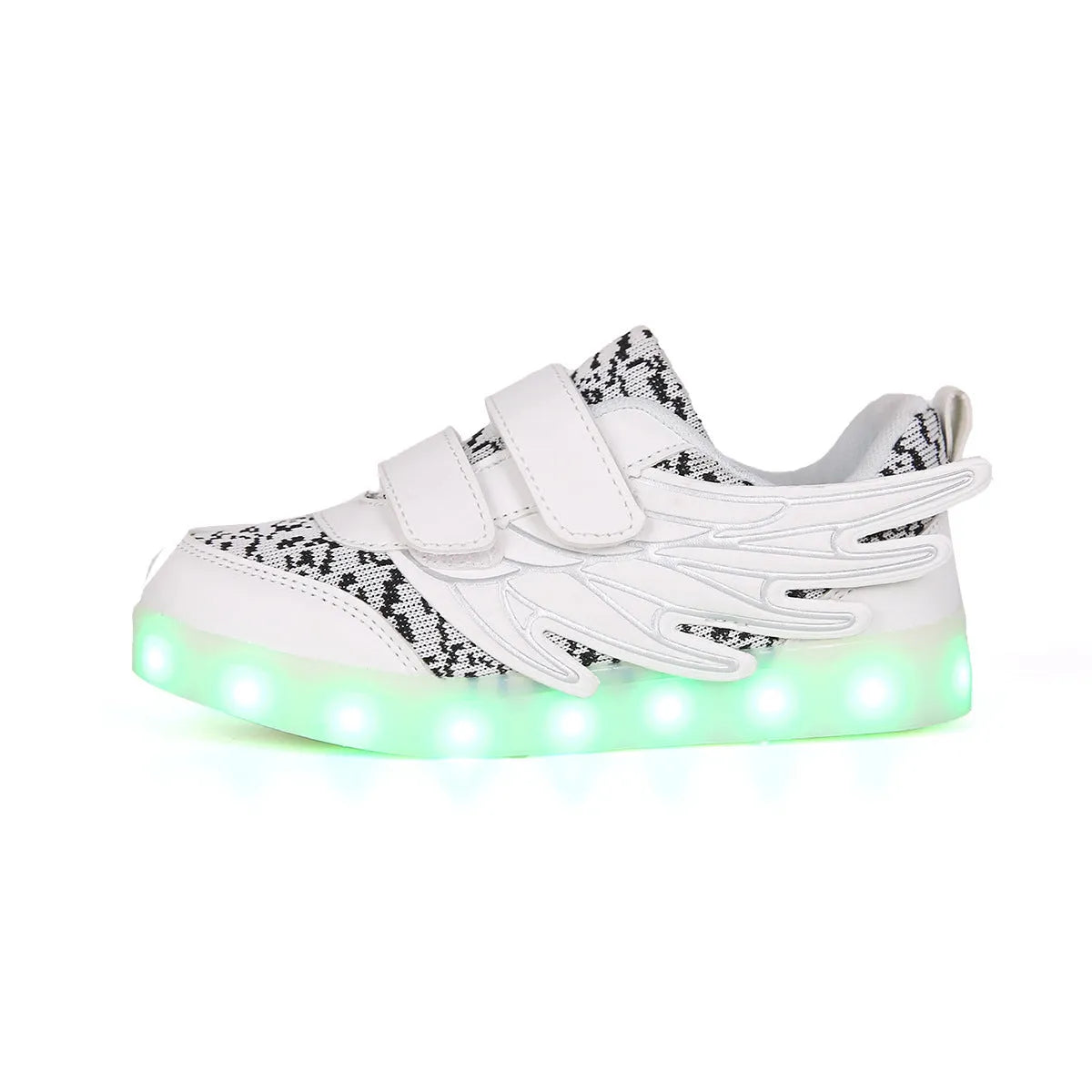 Plum red children's sneakers with LED lights glowing on the soles, showing USB charging port.